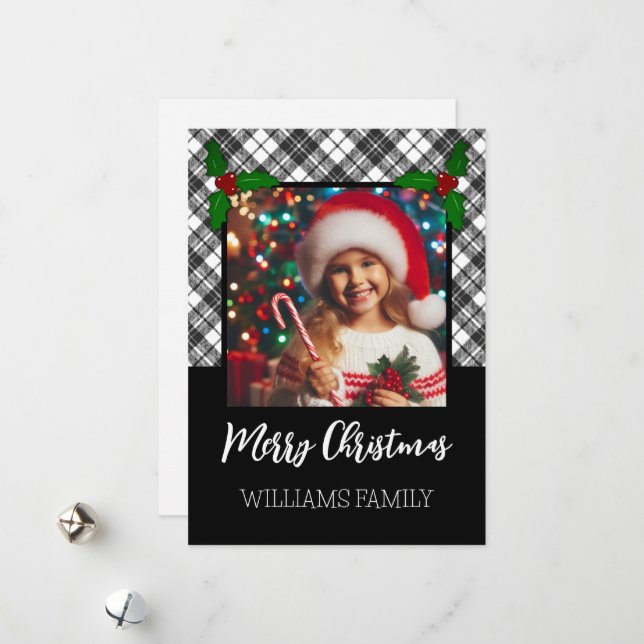 Black white tartan plaid winter Christmas photo Holiday Card (Front/Back In Situ)