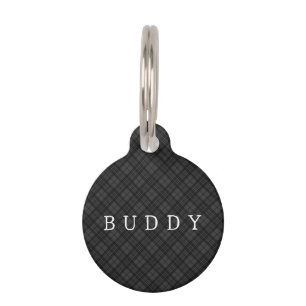 Black white tartan plaid winter pattern Pet name Pet Tag