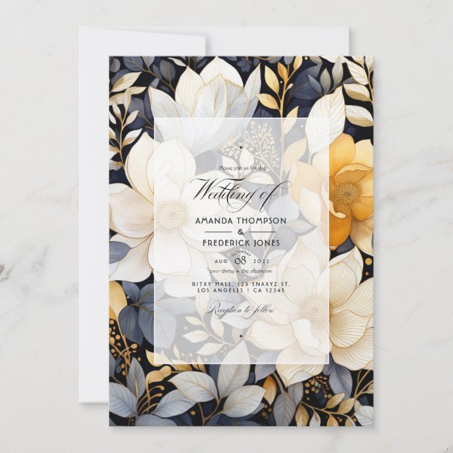 Black, White, Taupe Gold and Shimmery Gold Wedding Invitation (Front)