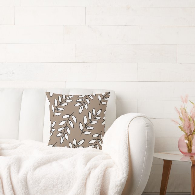 Black, White & Taupe Hand Drawn Leaves Pattern    Cushion (Couch)