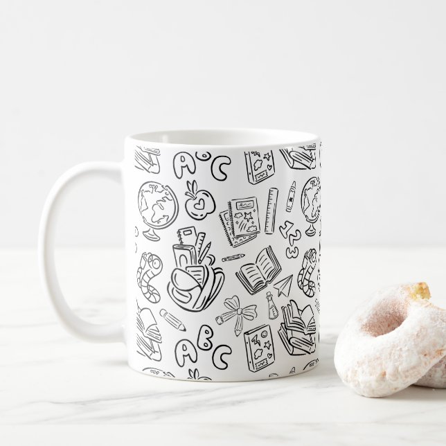 Black & White Teacher Appreciation School Doodle Coffee Mug (With Donut)