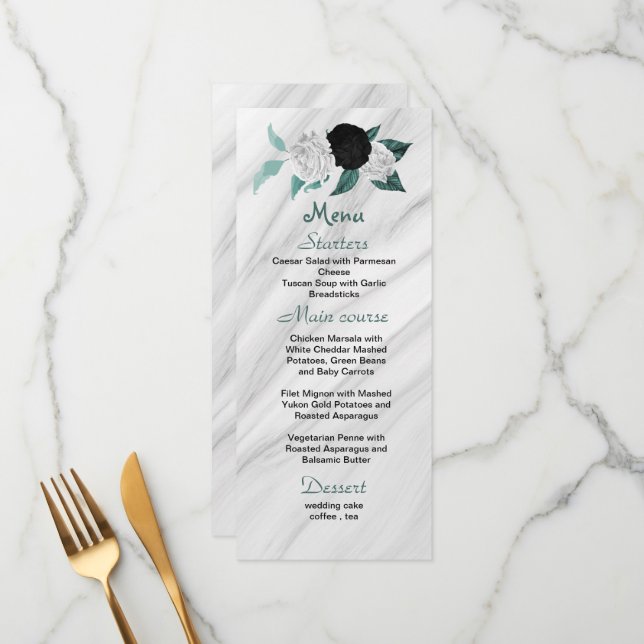 black white & teal blue flowers beautiful wedding  menu (Front/Back In Situ)