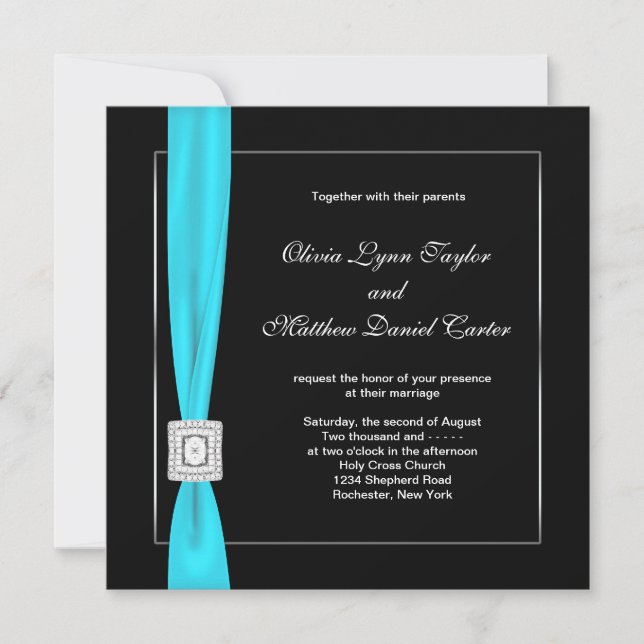 Black White Teal Blue Teal Bow Wedding Invitation (Front)