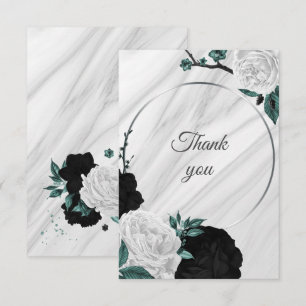 black white & teal botanical marble thank you card