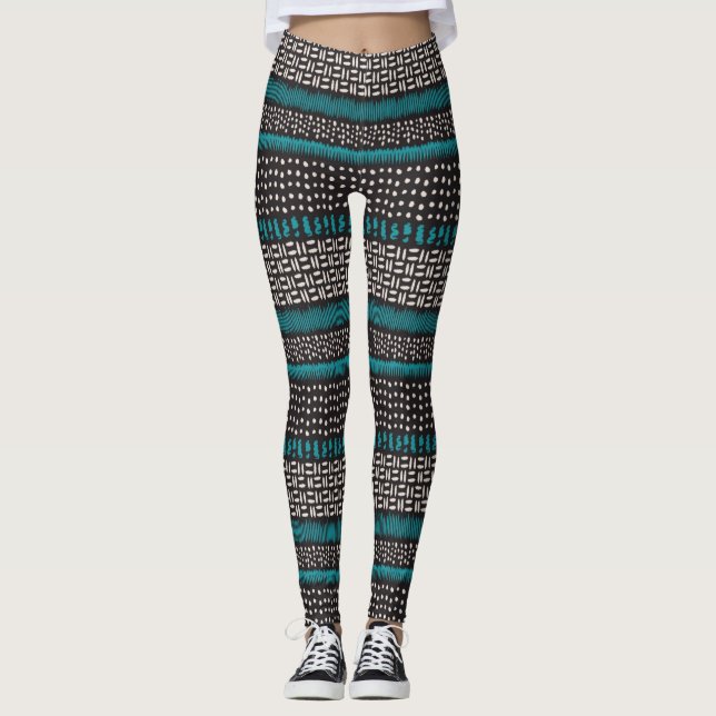 Black White Teal Dots Spots Zigzags Pattern Leggings (Front)