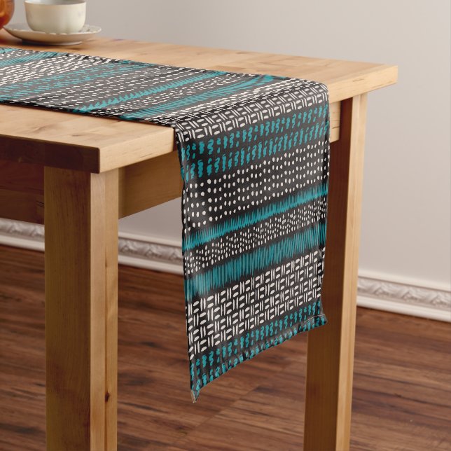 Black White Teal Dots Spots Zigzags Pattern Short Table Runner (In Situ)