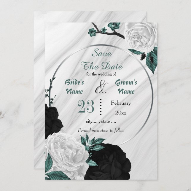 black white teal floral silver geometric marble save the date (Front/Back)