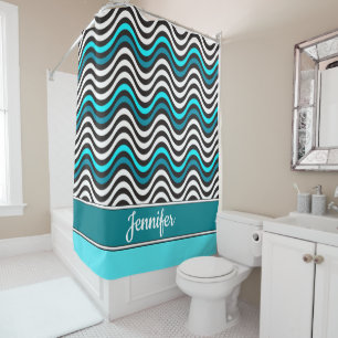 Black White Teal Geometric Sea Waves Monogram Name Shower Curtain
