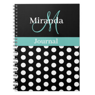 Black White Teal Green Monogram Script Polka Dot Notebook