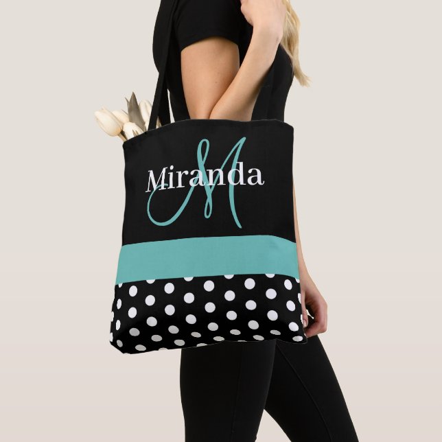 Black White Teal Green Monogram Script Polka Dots Tote Bag (Close Up)
