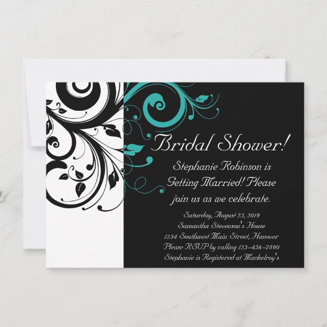 Black White Teal Reverse Swirl Bridal Shower Invitation (Front)