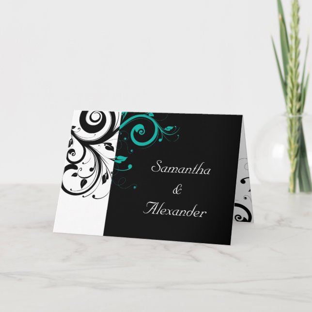 Black+White Teal Swirl Folded Wedding Invitation (Front)
