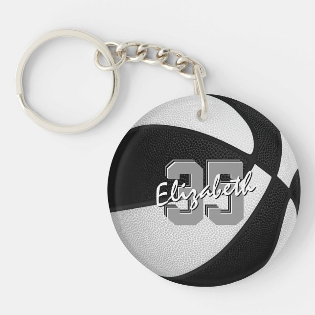 black white team colours girls boys basketball key ring (Front)