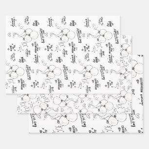 Black White Text Doodle Balloon Happy Birthday Wrapping Paper Sheet