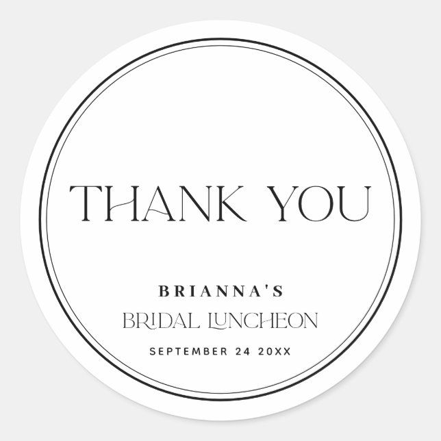 Black & White Thank You Bridal Luncheon Classic Round Sticker (Front)