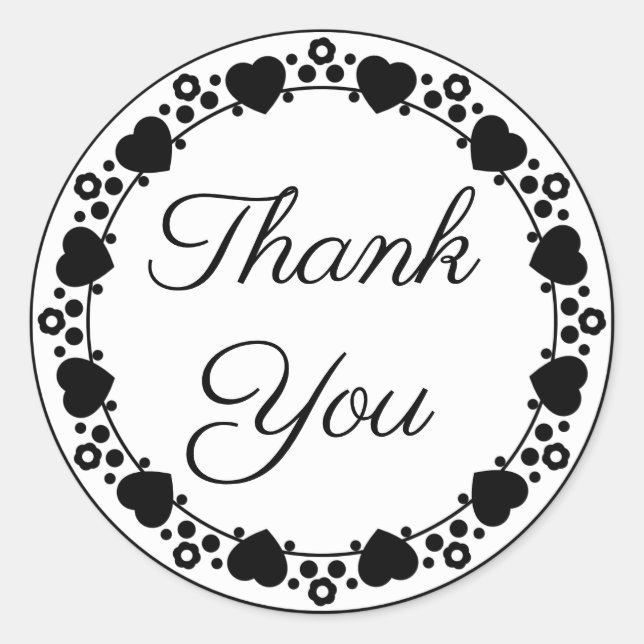 Black, White Thank You Heart Wedding Bridal Shower Classic Round Sticker (Front)