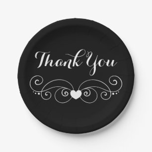 Black & White Thank You Love Heart Wedding Party Paper Plate
