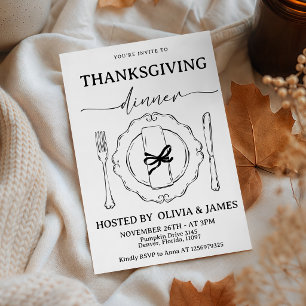 Black White Thanksgiving Plate Line Art Invite