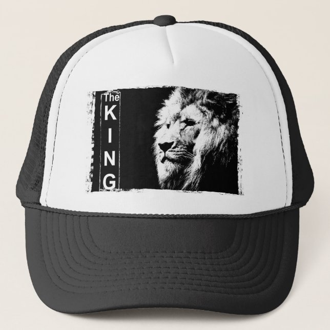 Black White The King Modern Elegant Pop Art Lion Trucker Hat (Front)