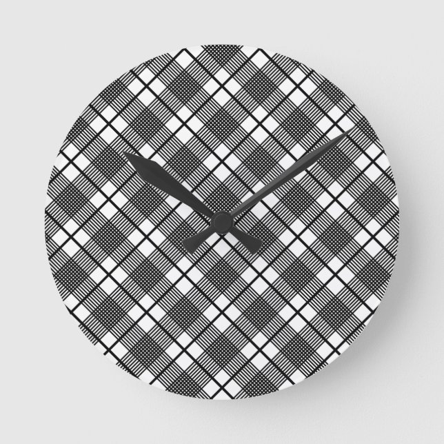 Black White Thin Glen Plaid Pattern Round Clock (Front)