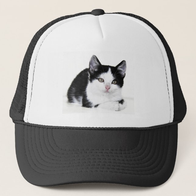 Black White Thoughtful Kitten Trucker Hat (Front)