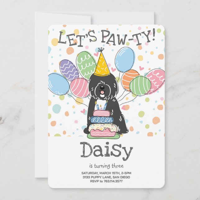 Black White Tibetan Terrier Dog Birthday Party Invitation (Front)