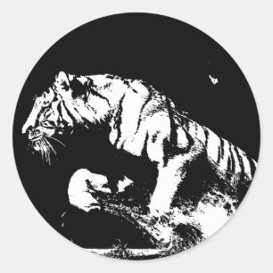 Black White Tiger Attacks Pop Art Round Sticker