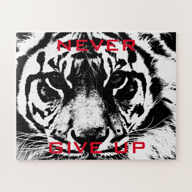 Black & White Tiger Eye Never Give Up Motivational Jigsaw Puzzle (Horizontal)