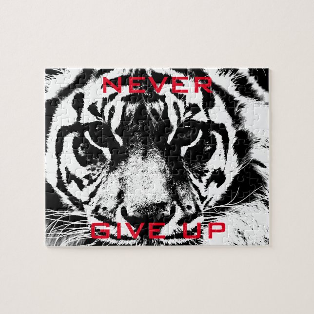 Black & White Tiger Eye Never Give Up Motivational Jigsaw Puzzle (Horizontal)