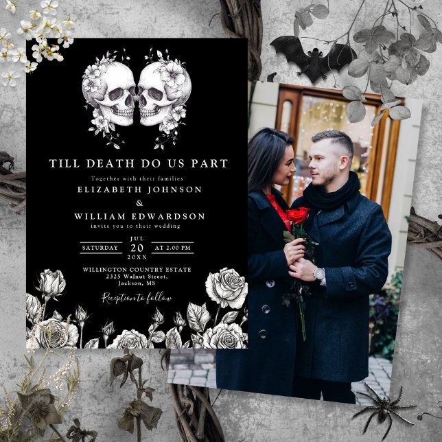 Black White Till Death Gothic Skulls Photo Wedding Invitation (Black White Till Death Gothic Skulls Photo Wedding Invitation)