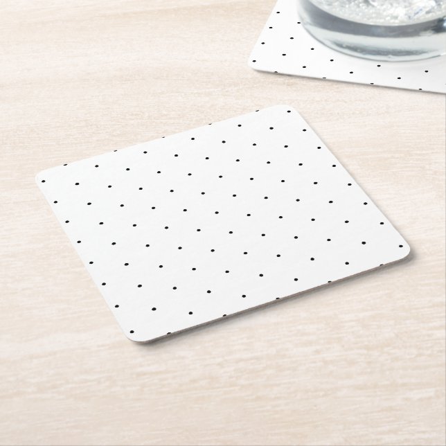 Black white tiny polka dots pattern square paper coaster (Angled)