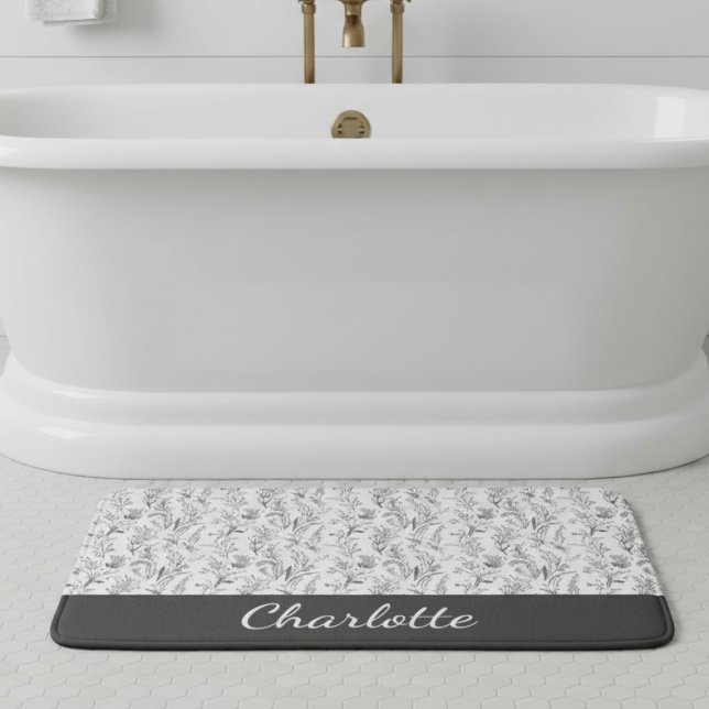 Black White Toile Floral Custom Name Bath Mat (black and white toile floral custom name bath mat gift for her house warming party)