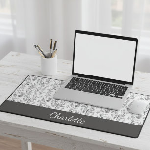 Black White Toile Floral Custom Name Desk Mat