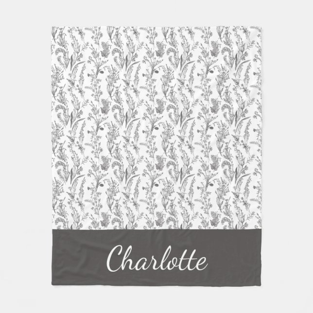 Black White Toile Floral Custom Name Fleece Blanket (Front)