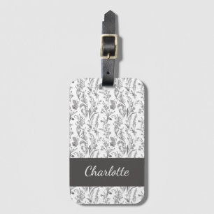 Black White Toile Floral Custom Name Luggage Tag