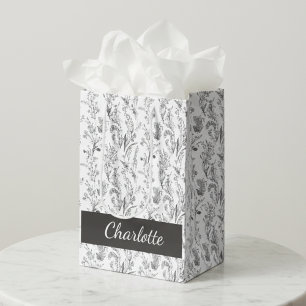 Black White Toile Floral Custom Name Medium Gift Bag