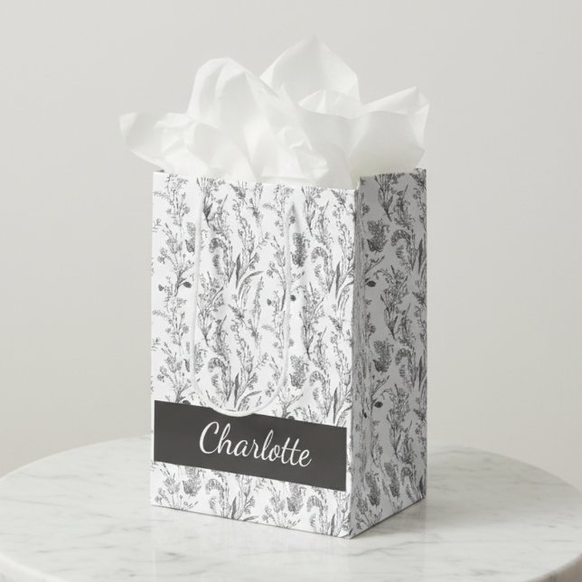 Black White Toile Floral Custom Name Medium Gift Bag (black and white toile floral custom name gift bag with elegant chic pattern)