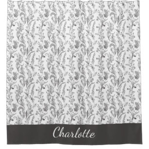 Black White Toile Floral Custom Name Shower Curtain