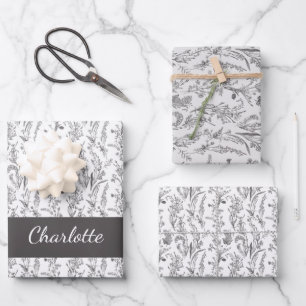 Black White Toile Floral Custom Name Wrapping Paper Sheet