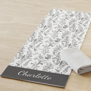 Black White Toile Floral Pattern Custom Name Yoga Mat