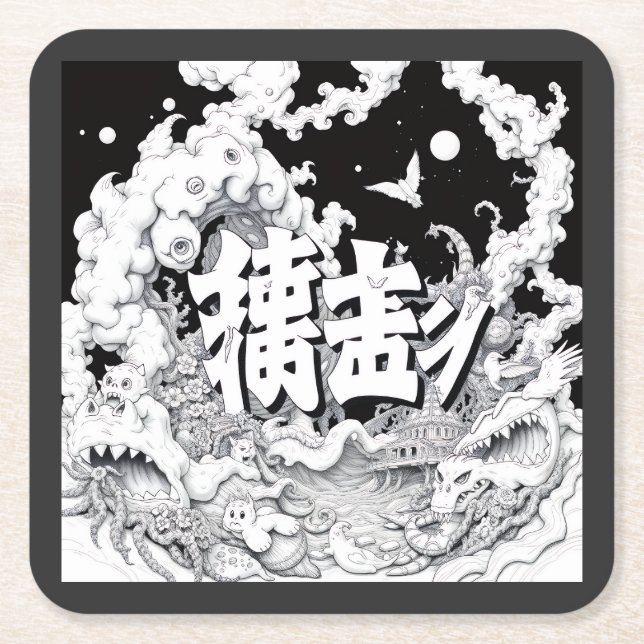 Black & White Tokyo Square Paper Coaster (Front)