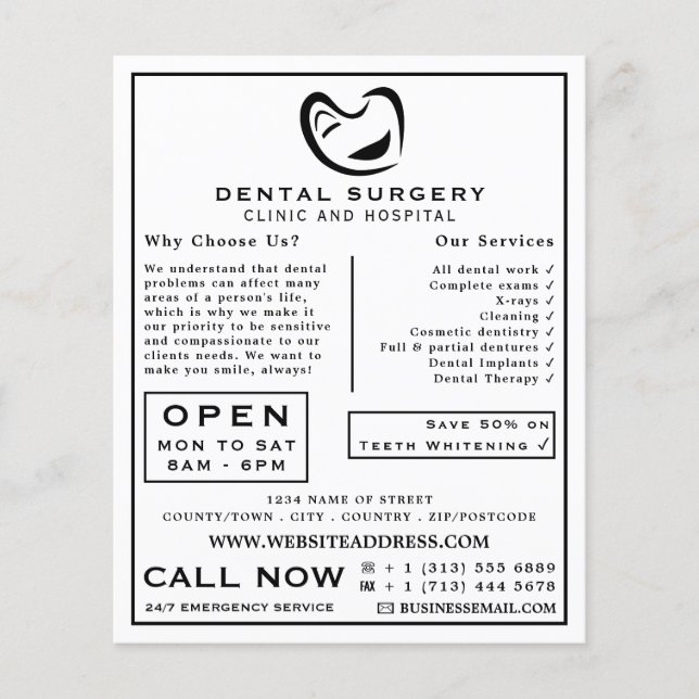 Black & White Tooth Logo Dentistry, Dentist Advert Flyer (Front)