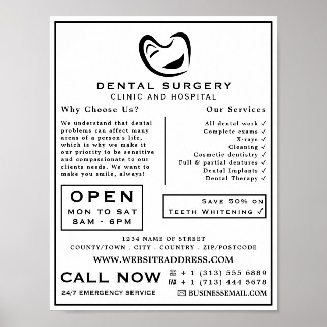 Black & White Tooth Logo Dentistry, Dentist Advert Poster (Front)