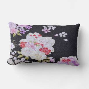 Black White Traditional Japanese Floral Flowers Lumbar Cushion