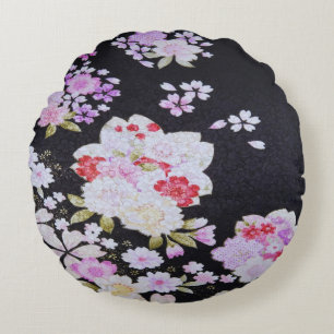 Black White Traditional Japanese Floral Flowers Round Cushion