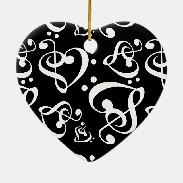 Black White Treble Bass Clef Heart Music Christmas Ceramic Tree Decoration (Back)