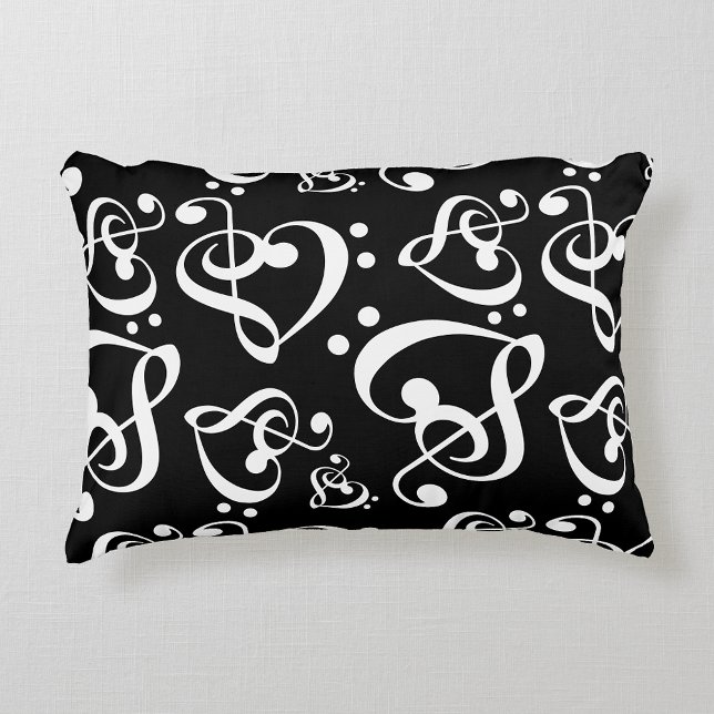 Black White Treble Clef Heart Music Notes Pattern Decorative Cushion (Creator Uploaded)