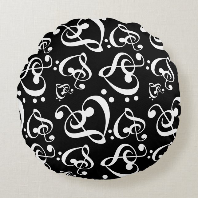 Black White Treble Clef Heart Music Notes Pattern Round Cushion (Front)