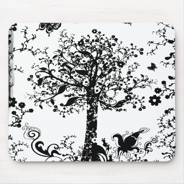 Black & White Tree Butterfly Silhouette Mouse Pad (Front)