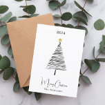 Black white tree simple boho Christmas Holiday Card<br><div class="desc">White background,  and a black hand drawn Christmas tree with a yellow star.  Merry Christmas written with a trendy handlettered style script. 

Back: add your note and your names.</div>